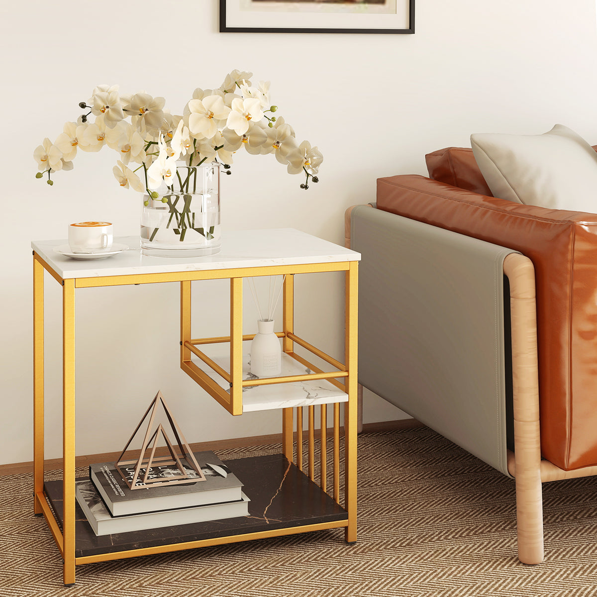 3-Tier Multi-function Marble End Table with Storage Shelf-Golden-End & Side Tables-DECOROLALA