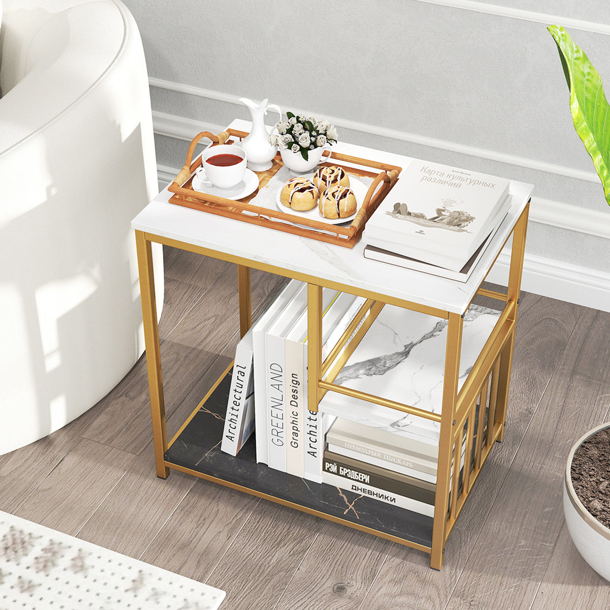 3-Tier Multi-function Marble End Table with Storage Shelf-Golden-End & Side Tables-DECOROLALA
