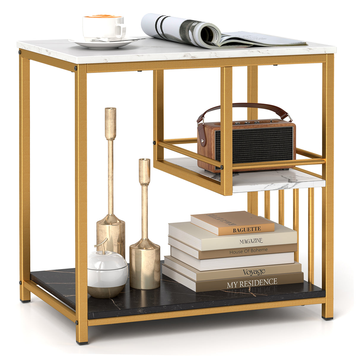 3-Tier Multi-function Marble End Table with Storage Shelf-Golden-End & Side Tables-DECOROLALA
