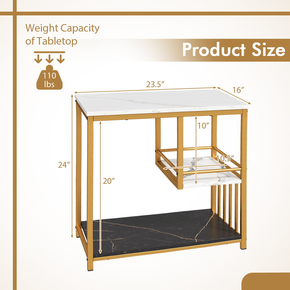 3-Tier Multi-function Marble End Table with Storage Shelf-Golden-End & Side Tables-DECOROLALA