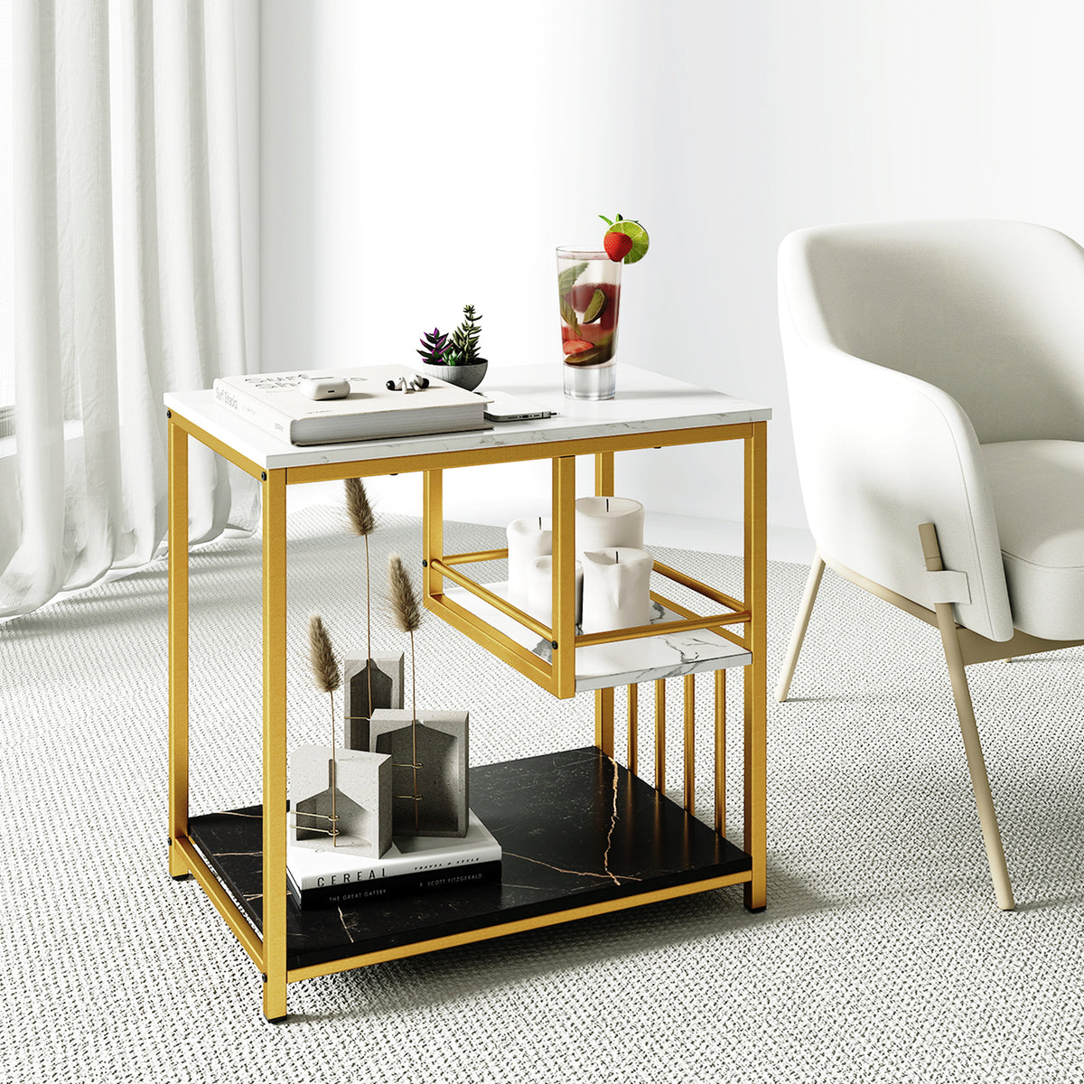 3-Tier Multi-function Marble End Table with Storage Shelf-Golden-End & Side Tables-DECOROLALA