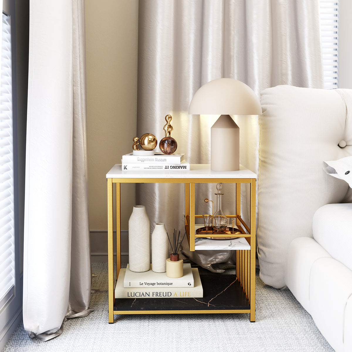 3-Tier Multi-function Marble End Table with Storage Shelf-Golden-End & Side Tables-DECOROLALA