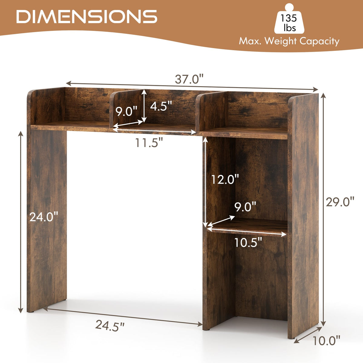 3-Tier Multipurpose Desk Bookshelf with 4 Shelves-Brown-Bookcases-DECOROLALA