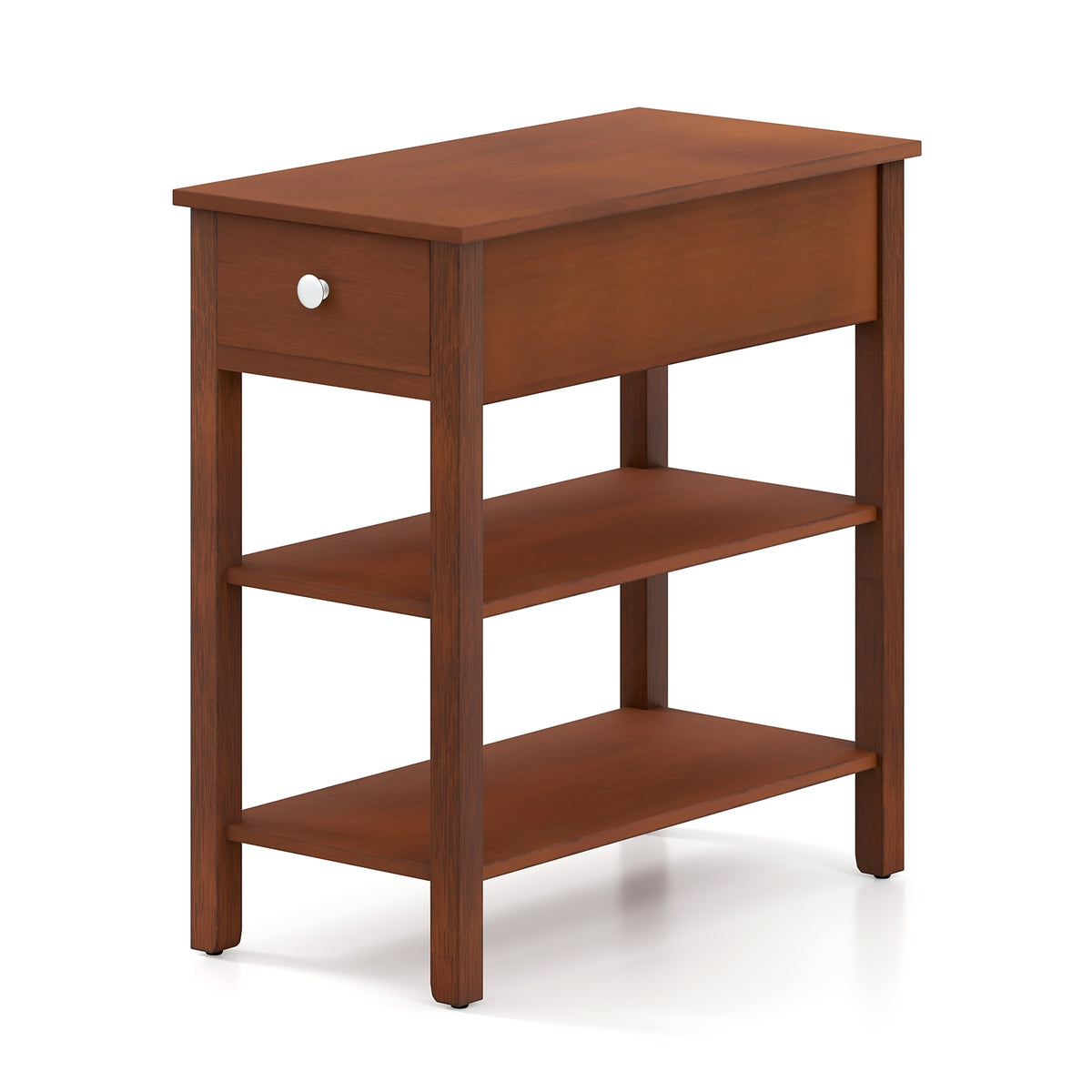 3-Tier Narrow End Table with Drawer and Storage Shelves-Brown-End & Side Tables-DECOROLALA