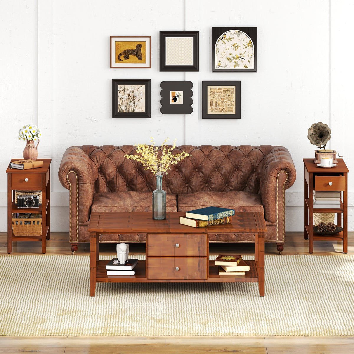 3-Tier Narrow End Table with Drawer and Storage Shelves-Brown-End & Side Tables-DECOROLALA