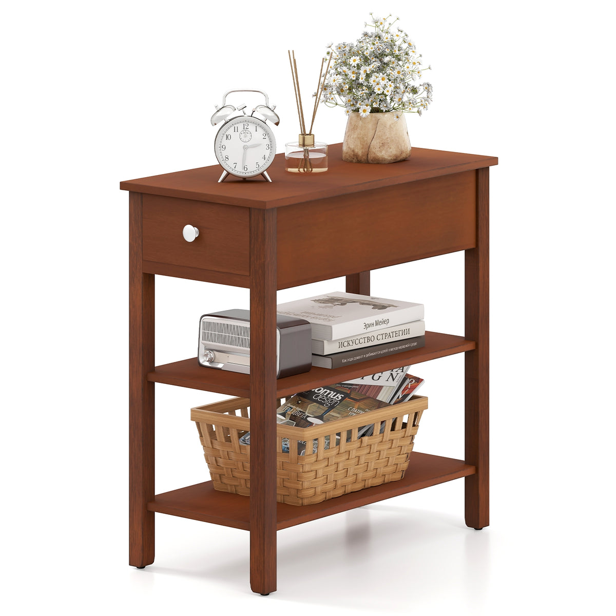 3-Tier Narrow End Table with Drawer and Storage Shelves-Brown-End & Side Tables-DECOROLALA