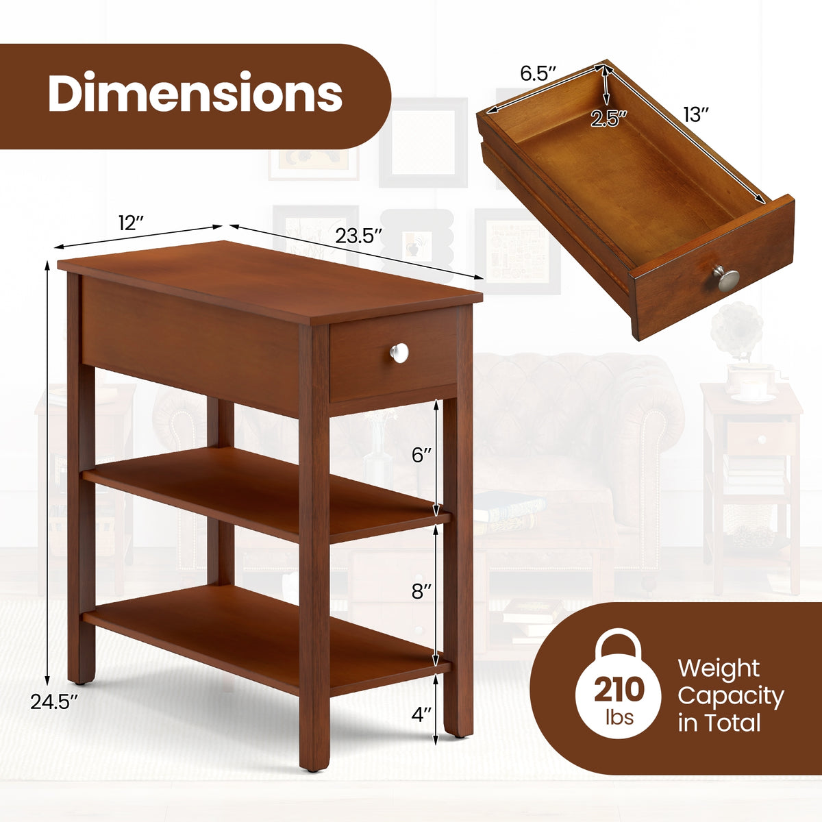 3-Tier Narrow End Table with Drawer and Storage Shelves-Brown-End & Side Tables-DECOROLALA