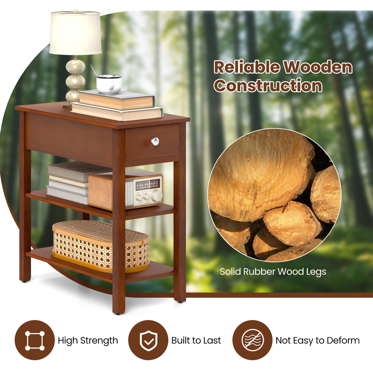 3-Tier Narrow End Table with Drawer and Storage Shelves-Brown-End & Side Tables-DECOROLALA