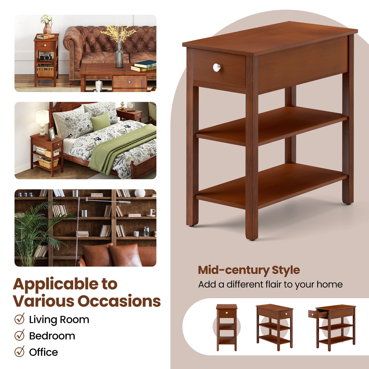 3-Tier Narrow End Table with Drawer and Storage Shelves-Brown-End & Side Tables-DECOROLALA