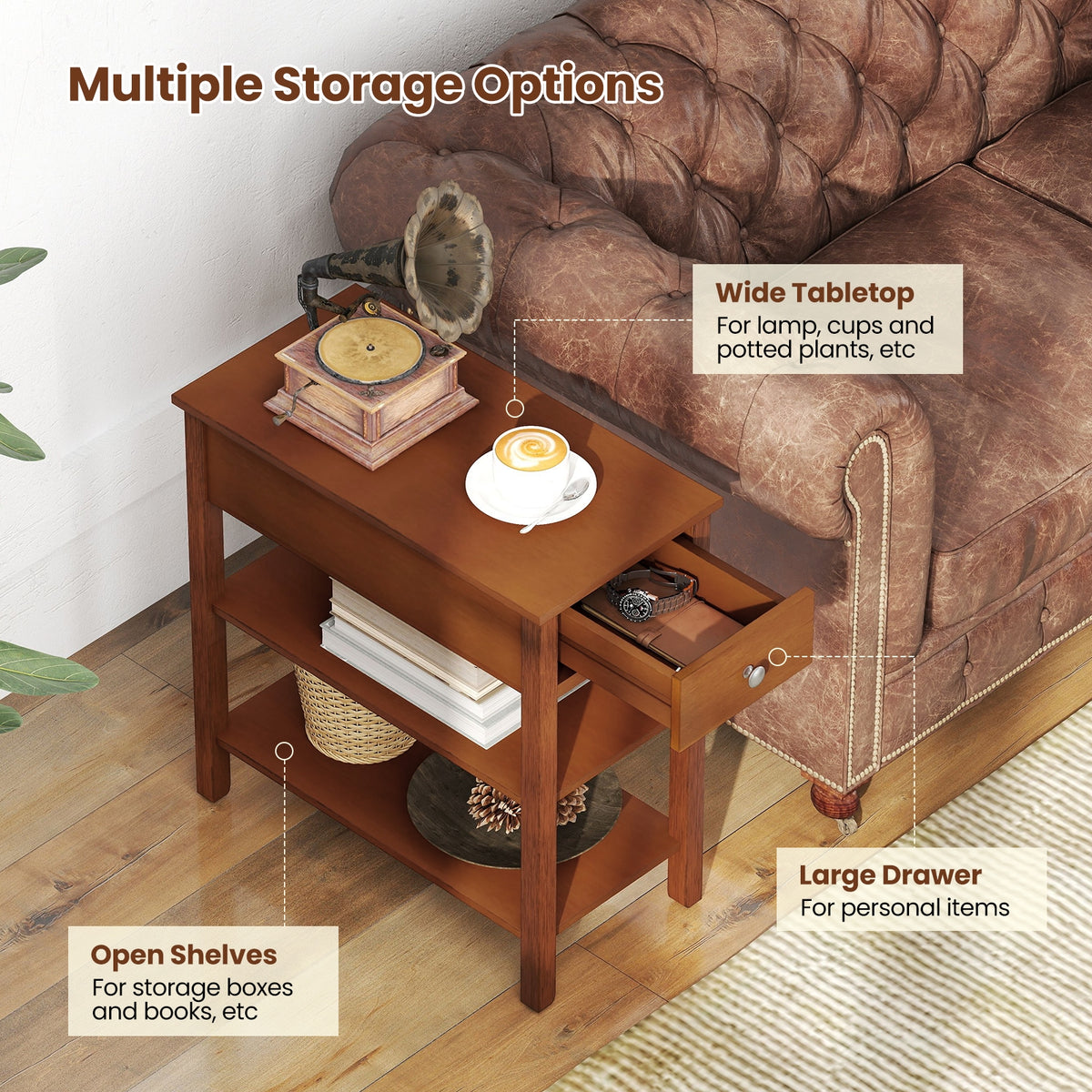 3-Tier Narrow End Table with Drawer and Storage Shelves-Brown-End & Side Tables-DECOROLALA