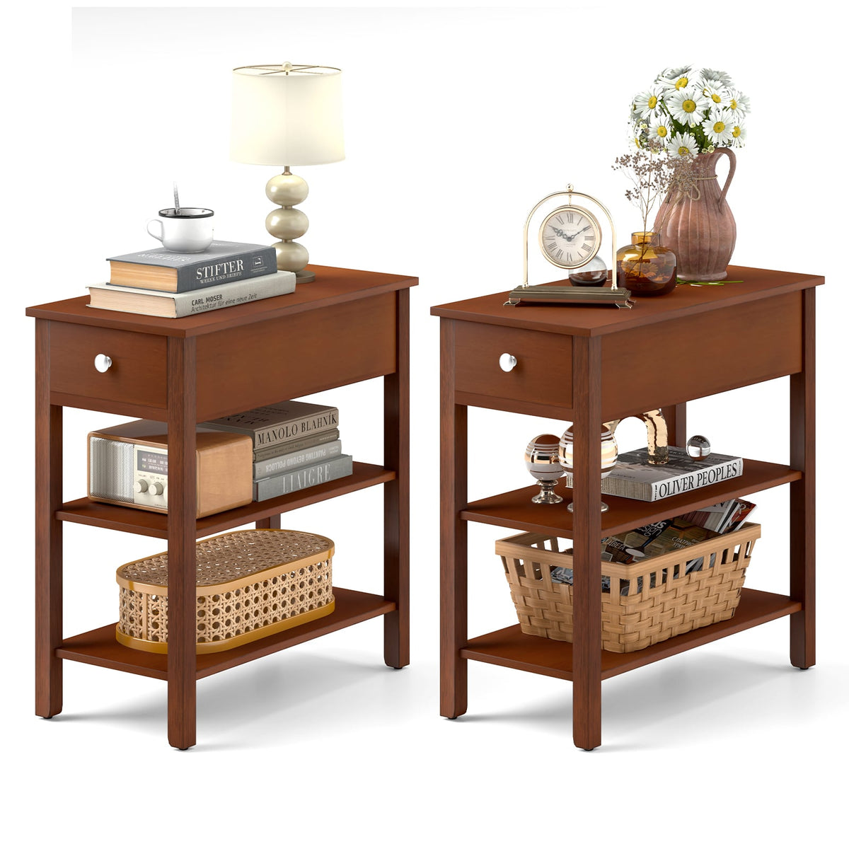 3-Tier Narrow End Table with Drawer and Storage Shelves Set of 2-Brown-End & Side Tables-DECOROLALA