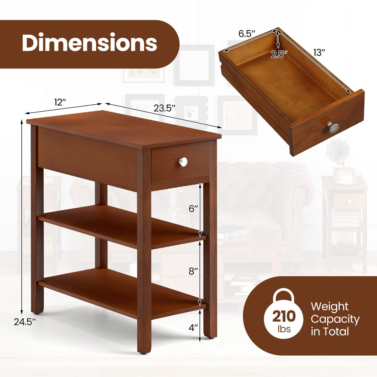 3-Tier Narrow End Table with Drawer and Storage Shelves Set of 2-Brown-End & Side Tables-DECOROLALA