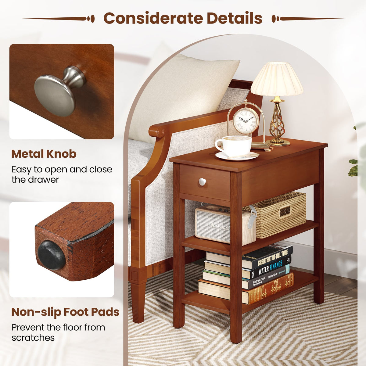3-Tier Narrow End Table with Drawer and Storage Shelves Set of 2-Brown-End & Side Tables-DECOROLALA