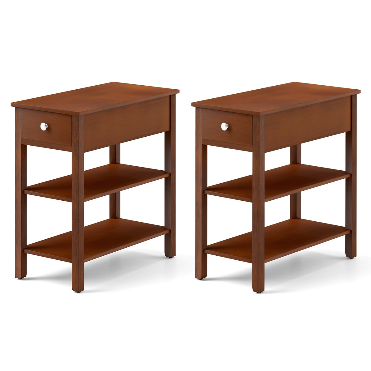 3-Tier Narrow End Table with Drawer and Storage Shelves Set of 2-Brown-End & Side Tables-DECOROLALA