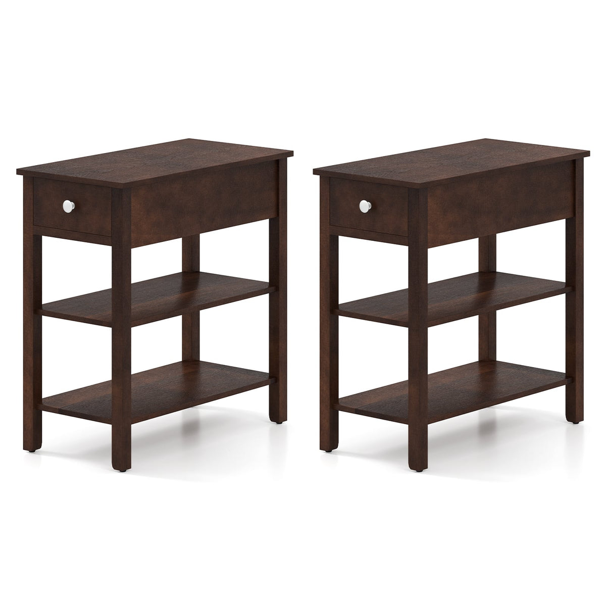 3-Tier Narrow End Table with Drawer and Storage Shelves Set of 2-Walnut-End & Side Tables-DECOROLALA
