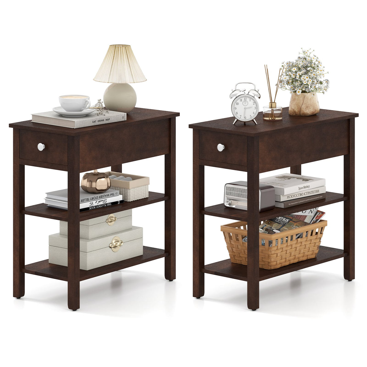 3-Tier Narrow End Table with Drawer and Storage Shelves Set of 2-Walnut-End & Side Tables-DECOROLALA
