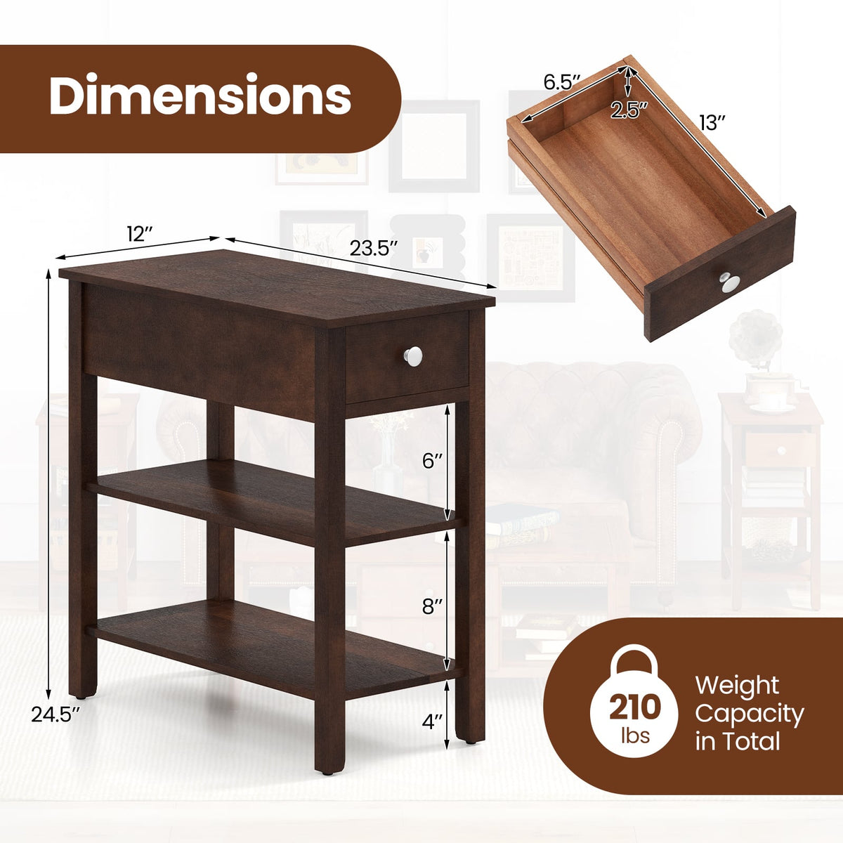 3-Tier Narrow End Table with Drawer and Storage Shelves Set of 2-Walnut-End & Side Tables-DECOROLALA