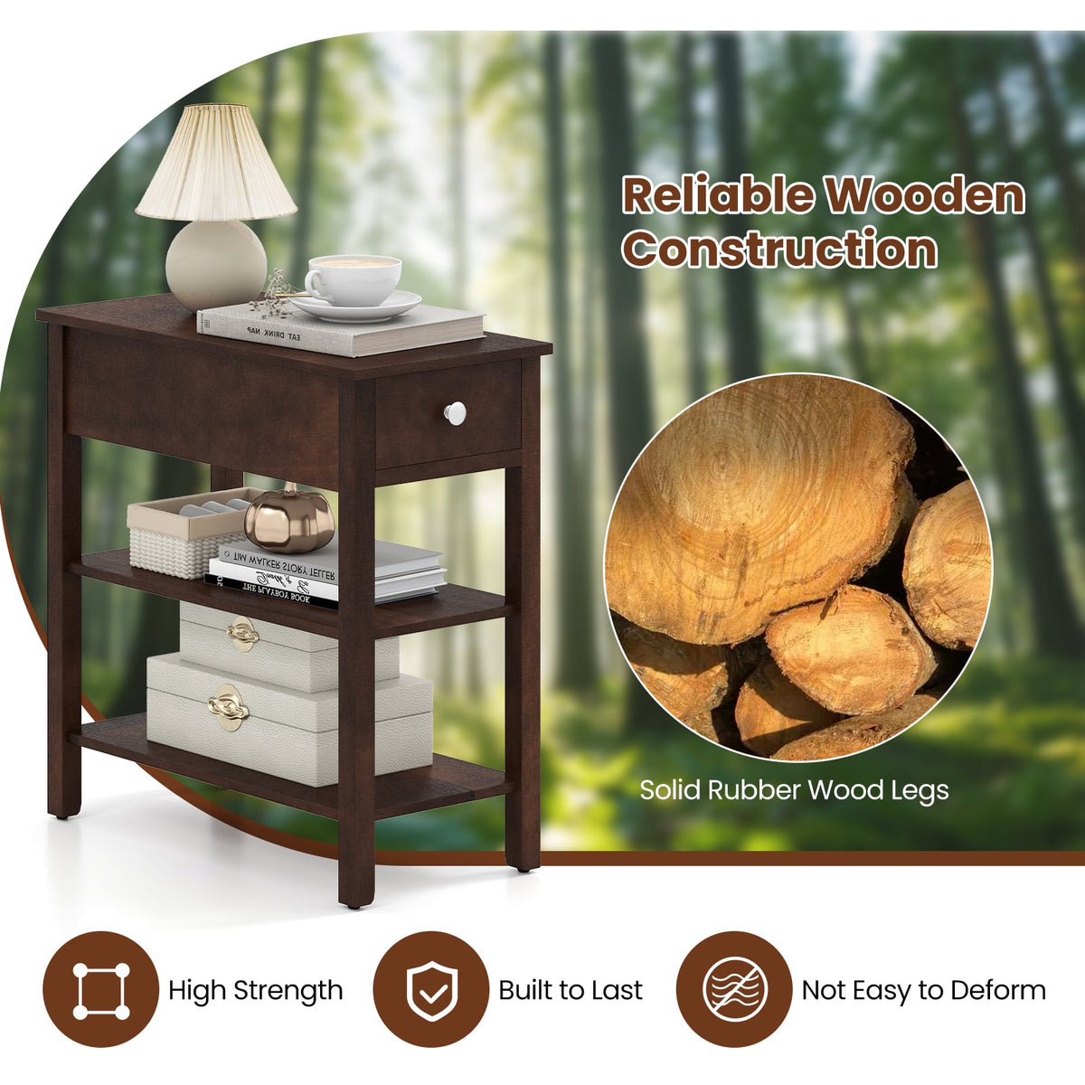 3-Tier Narrow End Table with Drawer and Storage Shelves Set of 2-Walnut-End & Side Tables-DECOROLALA
