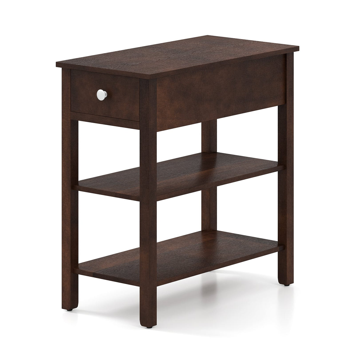 3-Tier Narrow End Table with Drawer and Storage Shelves-Walnut-End & Side Tables-DECOROLALA