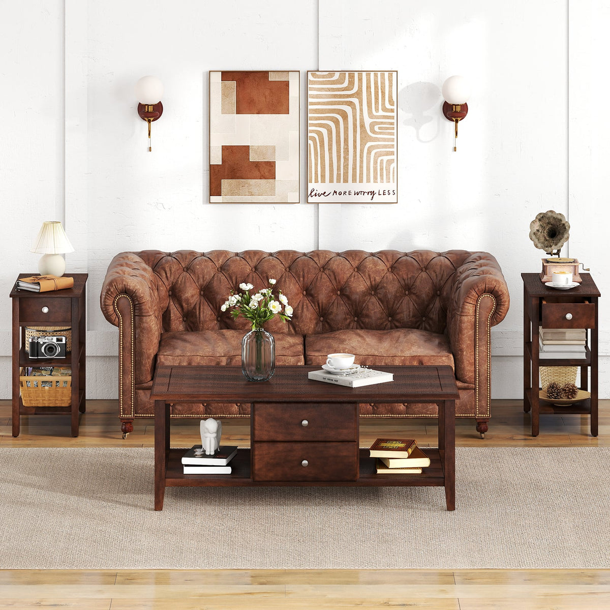 3-Tier Narrow End Table with Drawer and Storage Shelves-Walnut-End & Side Tables-DECOROLALA