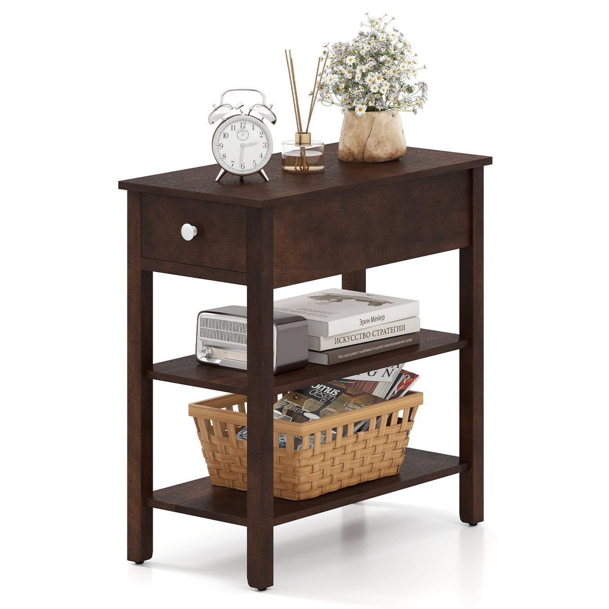 3-Tier Narrow End Table with Drawer and Storage Shelves-Walnut-End & Side Tables-DECOROLALA
