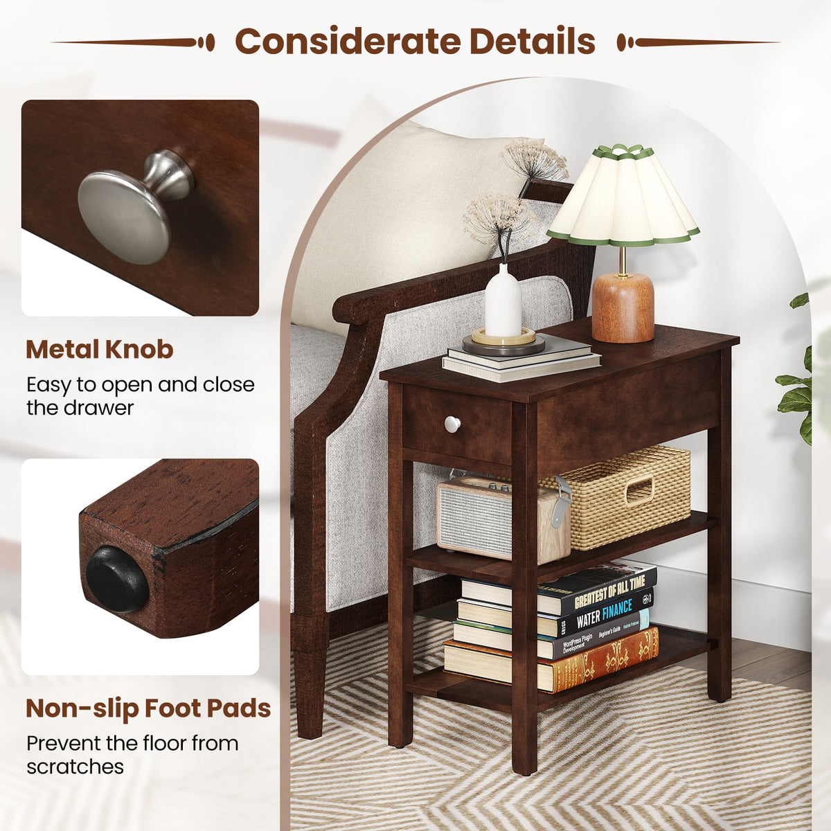3-Tier Narrow End Table with Drawer and Storage Shelves-Walnut-End & Side Tables-DECOROLALA
