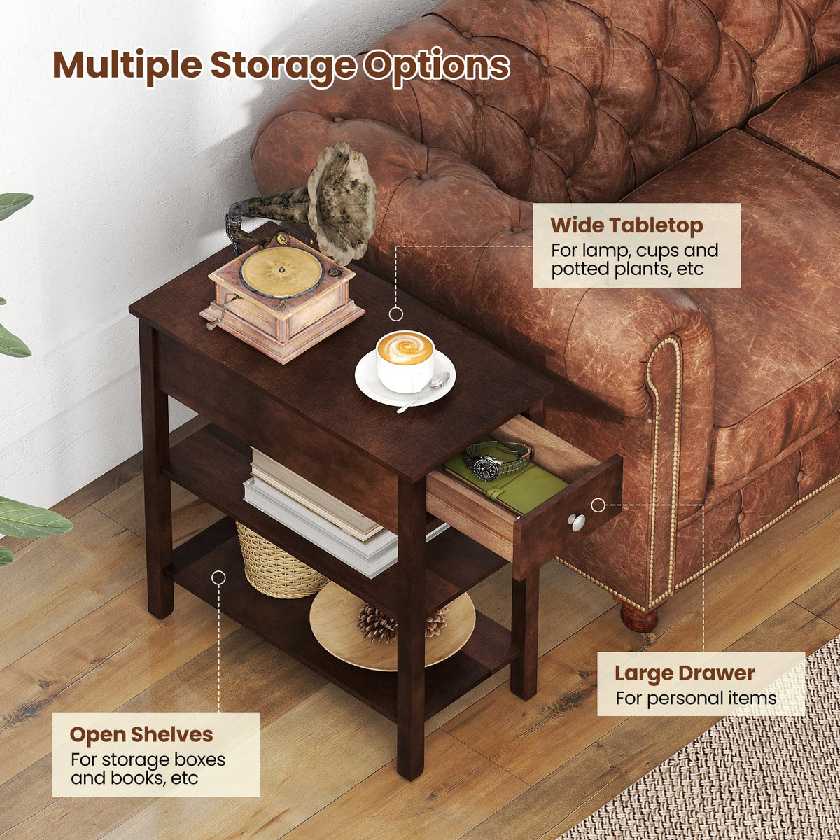 3-Tier Narrow End Table with Drawer and Storage Shelves-Walnut-End & Side Tables-DECOROLALA