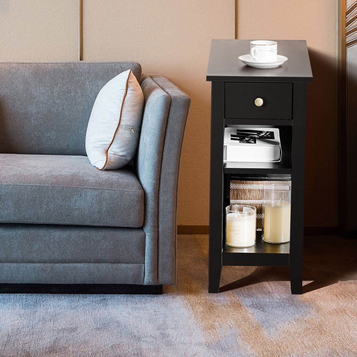 3-Tier Nightstand Bedside Table Sofa Side with Double Shelves Drawer-Black-End & Side Tables-DECOROLALA
