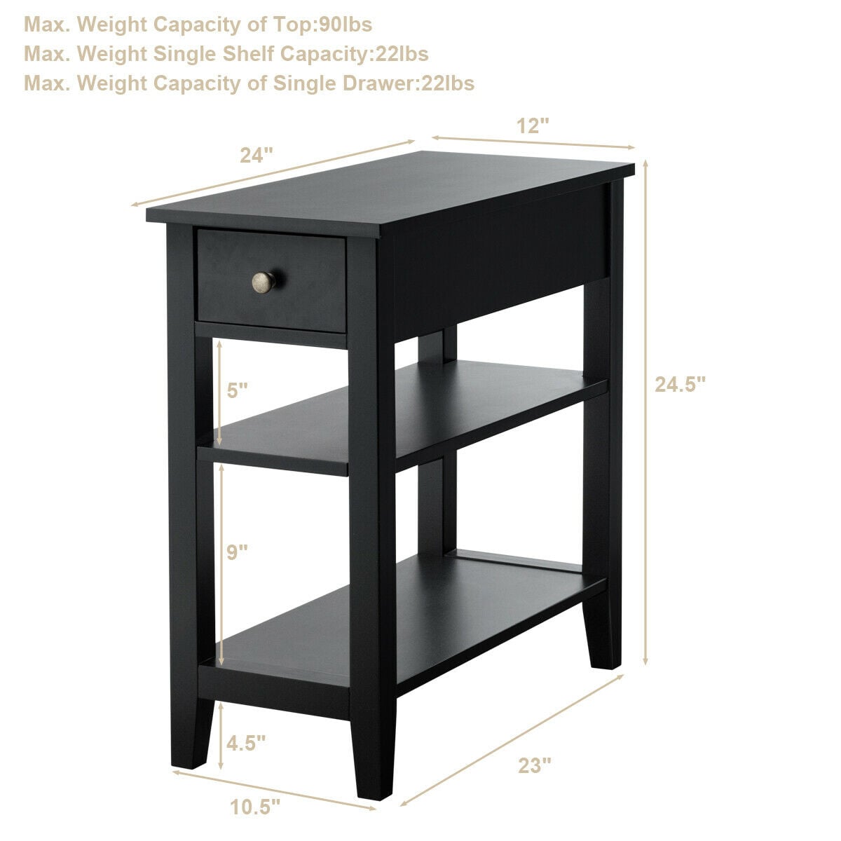 3-Tier Nightstand Bedside Table Sofa Side with Double Shelves Drawer-Black-End & Side Tables-DECOROLALA