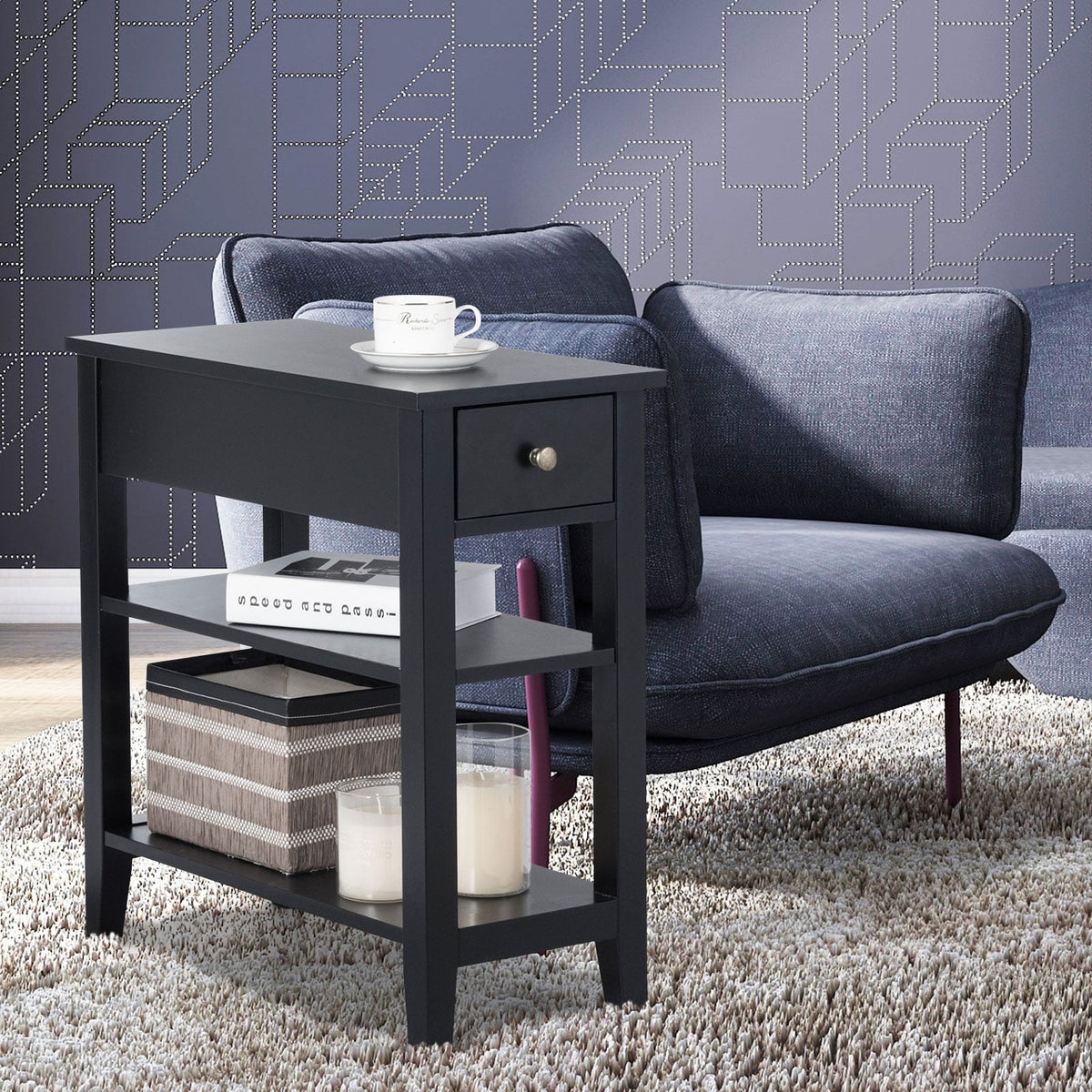 3-Tier Nightstand Bedside Table Sofa Side with Double Shelves Drawer-Black-End & Side Tables-DECOROLALA