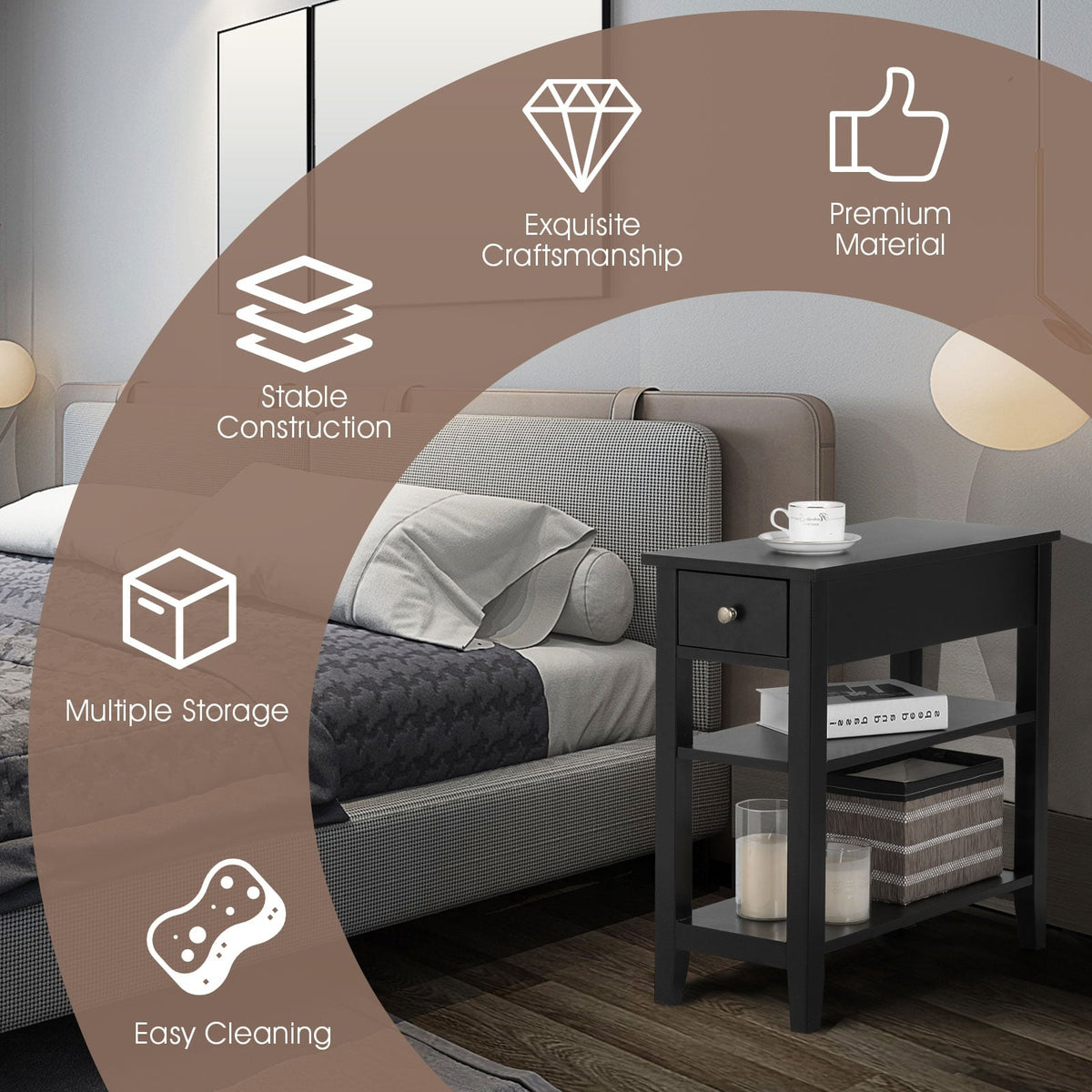 3-Tier Nightstand Bedside Table Sofa Side with Double Shelves Drawer-Black-End & Side Tables-DECOROLALA