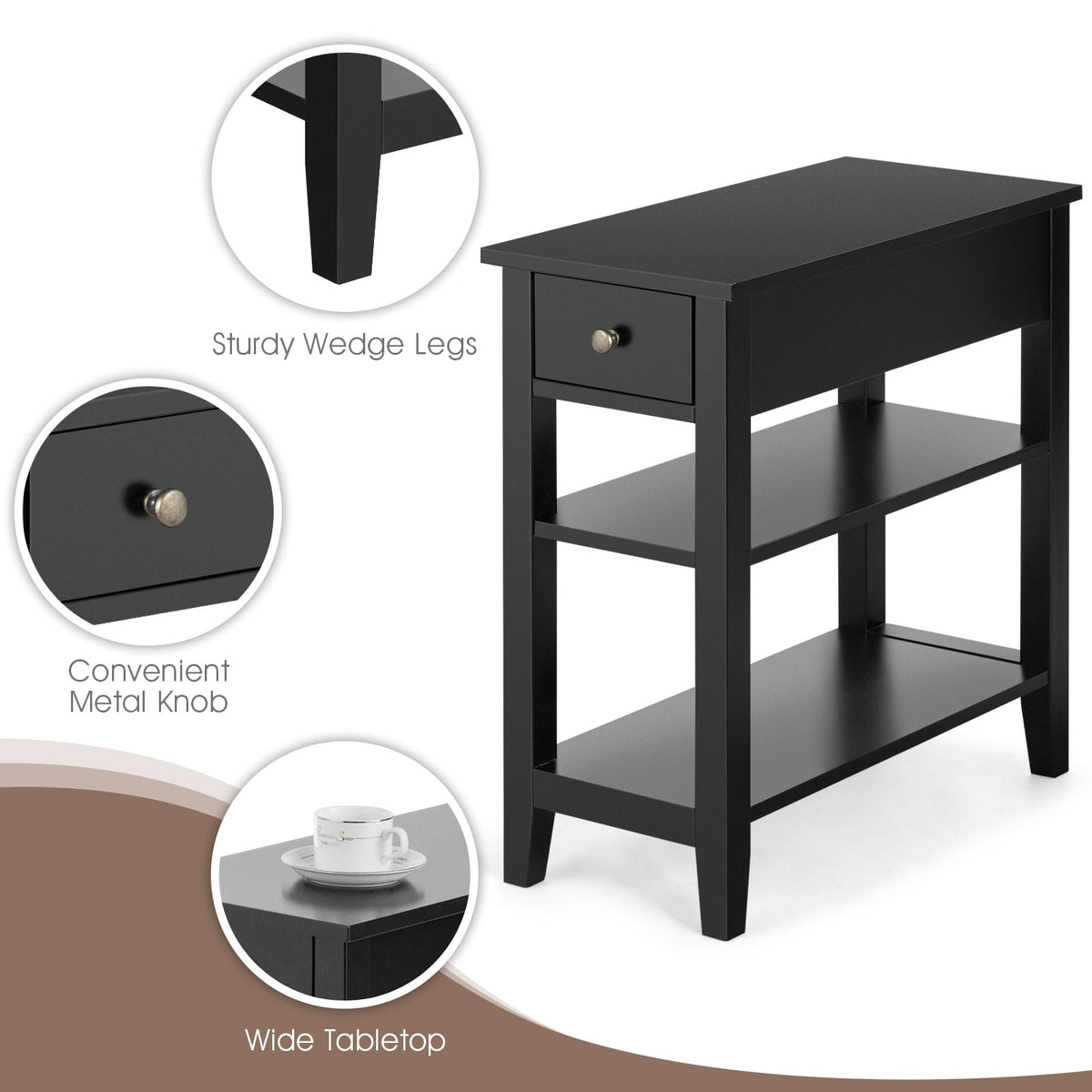 3-Tier Nightstand Bedside Table Sofa Side with Double Shelves Drawer-Black-End & Side Tables-DECOROLALA