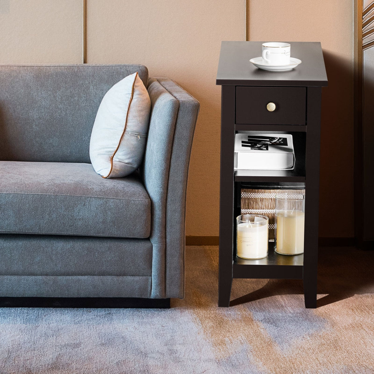 3-Tier Nightstand Bedside Table Sofa Side with Double Shelves Drawer-Coffee-End & Side Tables-DECOROLALA