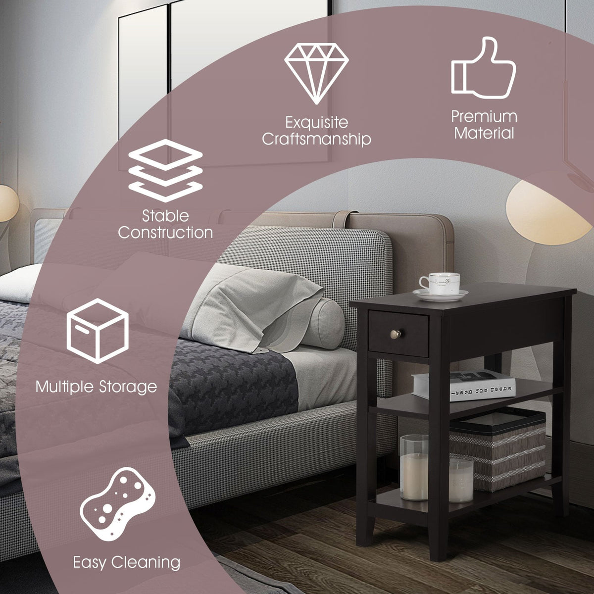 3-Tier Nightstand Bedside Table Sofa Side with Double Shelves Drawer-Coffee-End & Side Tables-DECOROLALA