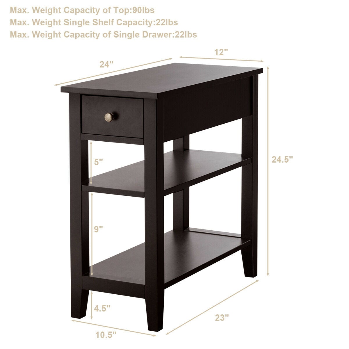 3-Tier Nightstand Bedside Table Sofa Side with Double Shelves Drawer-Coffee-End & Side Tables-DECOROLALA