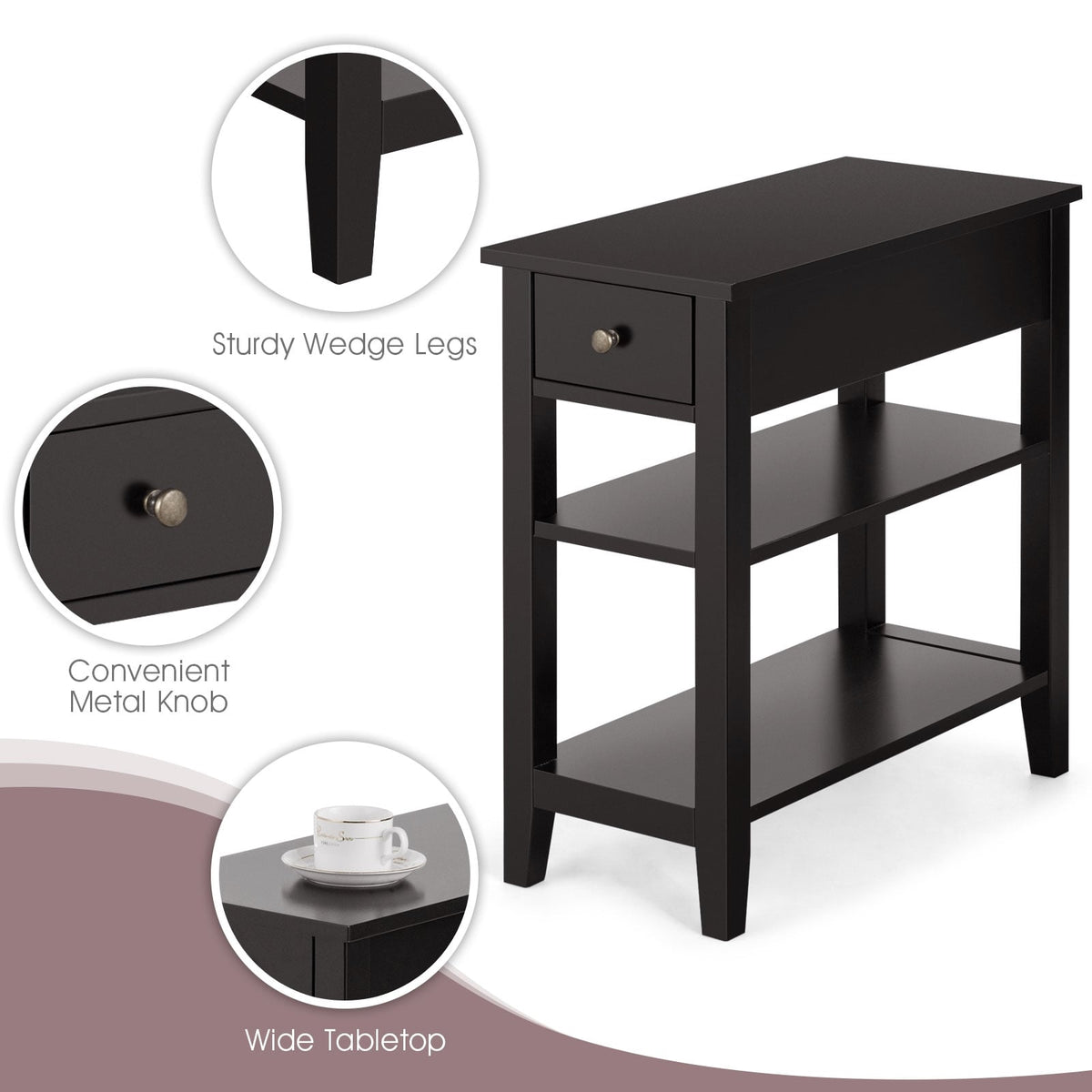 3-Tier Nightstand Bedside Table Sofa Side with Double Shelves Drawer-Coffee-End & Side Tables-DECOROLALA