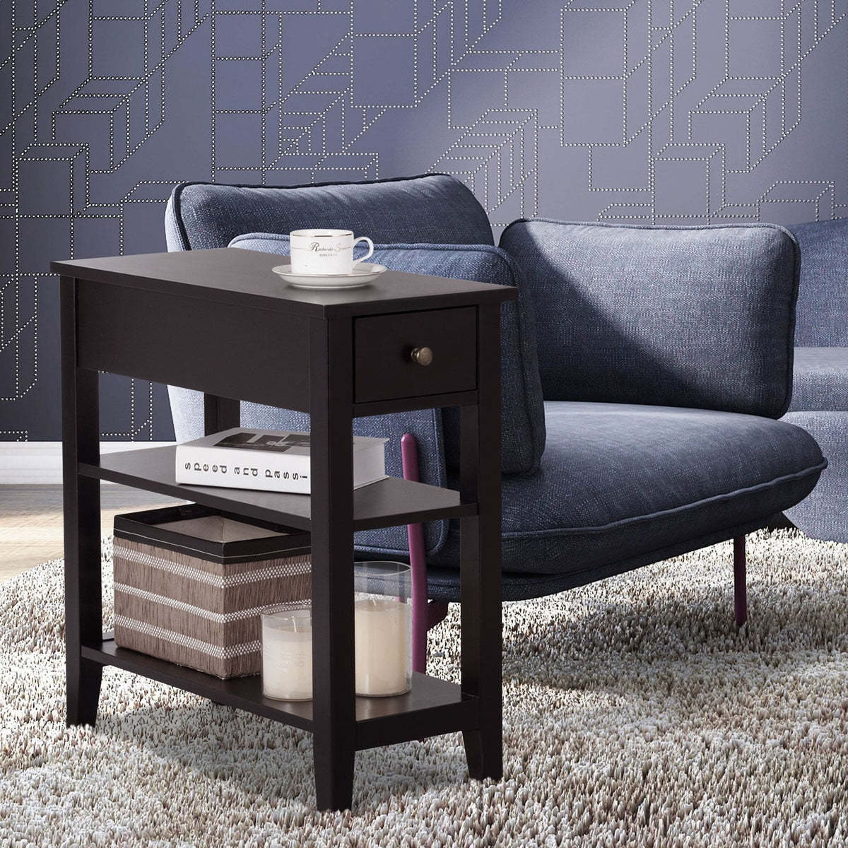 3-Tier Nightstand Bedside Table Sofa Side with Double Shelves Drawer-Coffee-End & Side Tables-DECOROLALA