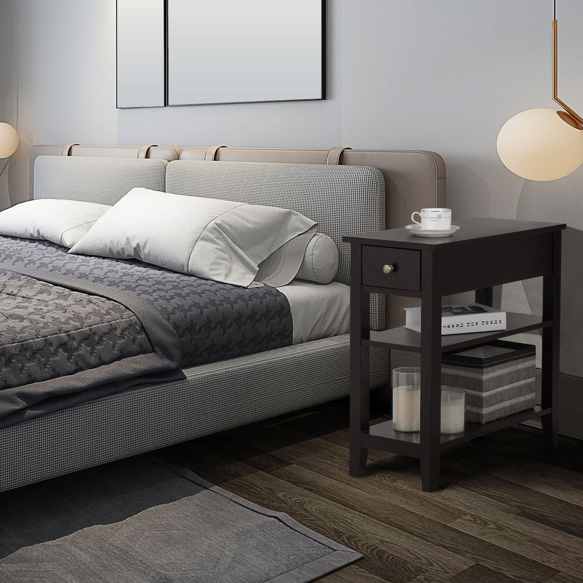 3-Tier Nightstand Bedside Table Sofa Side with Double Shelves Drawer-Coffee-End & Side Tables-DECOROLALA