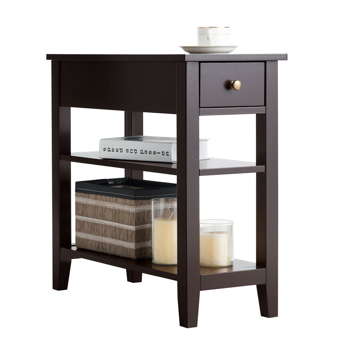 3-Tier Nightstand Bedside Table Sofa Side with Double Shelves Drawer-Coffee-End & Side Tables-DECOROLALA