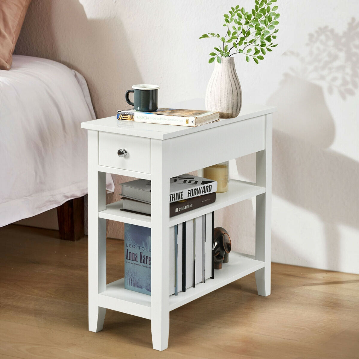 3-Tier Nightstand Bedside Table Sofa Side with Double Shelves Drawer-White-End & Side Tables-DECOROLALA