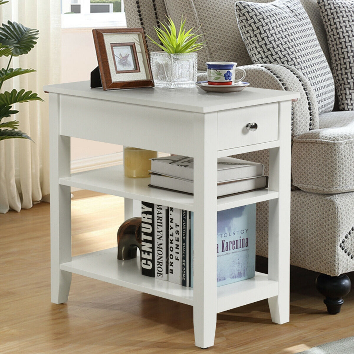 3-Tier Nightstand Bedside Table Sofa Side with Double Shelves Drawer-White-End & Side Tables-DECOROLALA