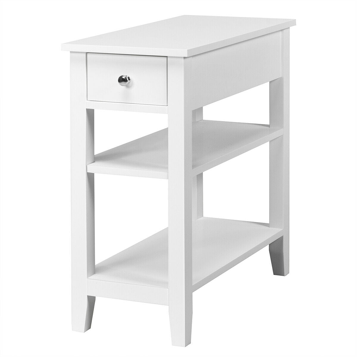 3-Tier Nightstand Bedside Table Sofa Side with Double Shelves Drawer-White-End & Side Tables-DECOROLALA