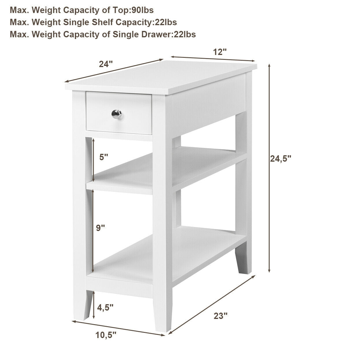 3-Tier Nightstand Bedside Table Sofa Side with Double Shelves Drawer-White-End & Side Tables-DECOROLALA
