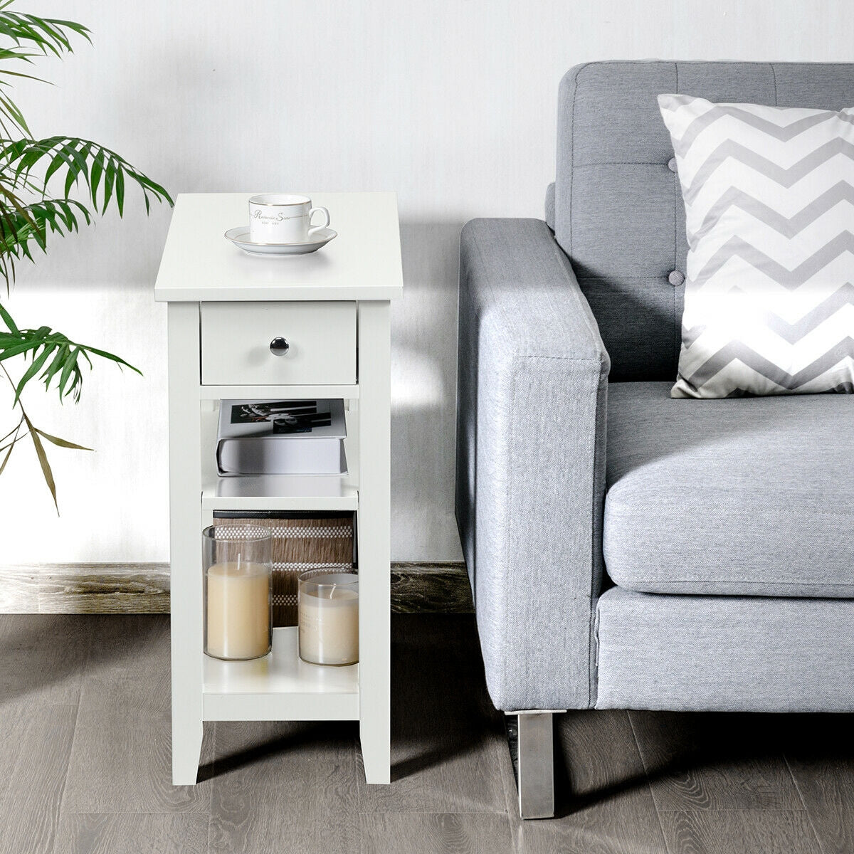 3-Tier Nightstand Bedside Table Sofa Side with Double Shelves Drawer-White-End & Side Tables-DECOROLALA