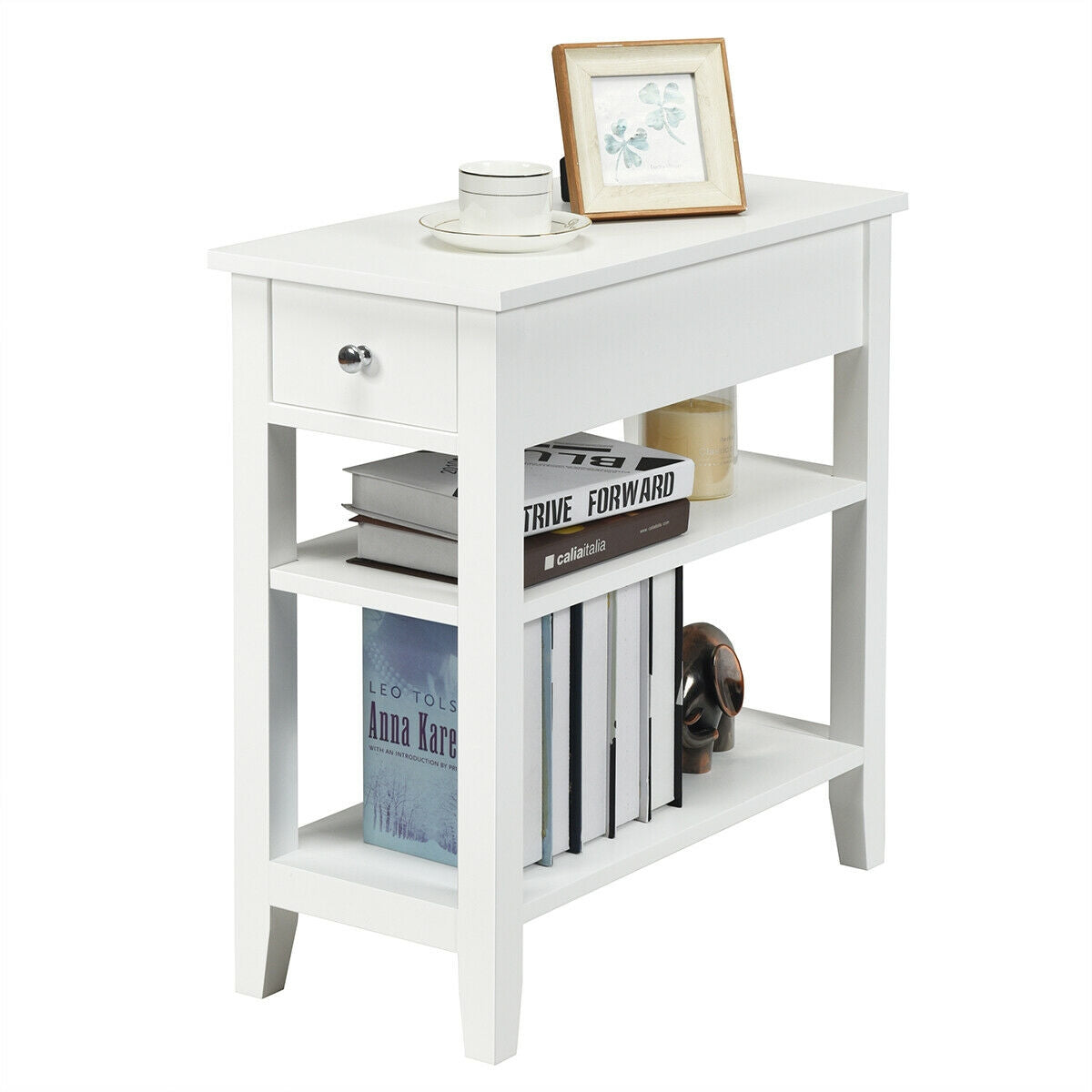 3-Tier Nightstand Bedside Table Sofa Side with Double Shelves Drawer-White-End & Side Tables-DECOROLALA