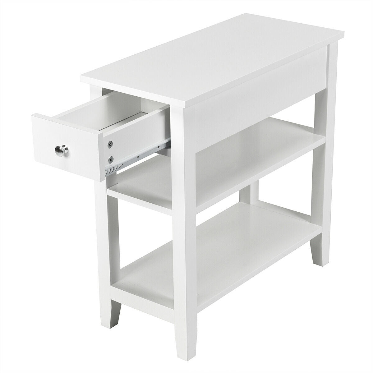 3-Tier Nightstand Bedside Table Sofa Side with Double Shelves Drawer-White-End & Side Tables-DECOROLALA