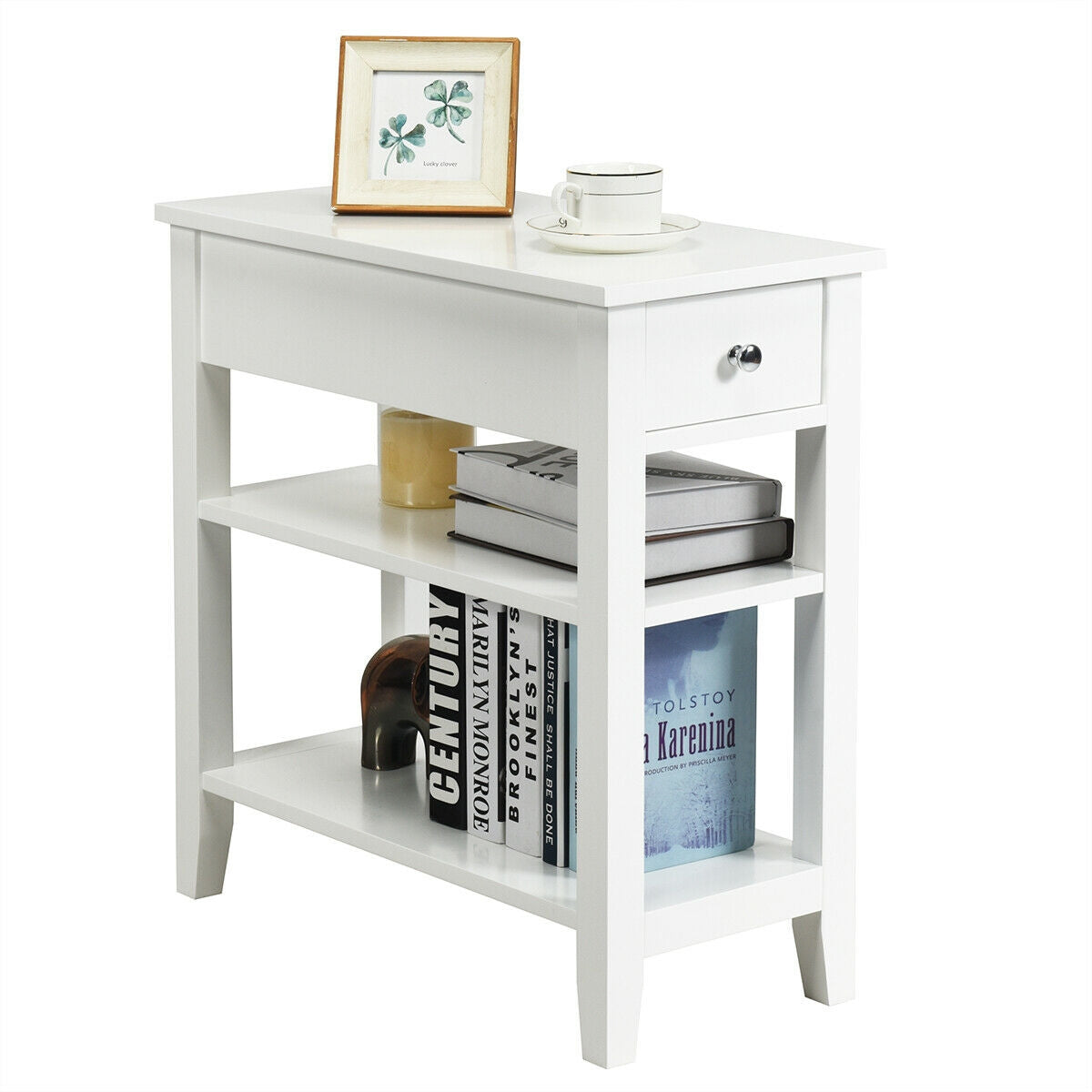3-Tier Nightstand Bedside Table Sofa Side with Double Shelves Drawer-White-End & Side Tables-DECOROLALA
