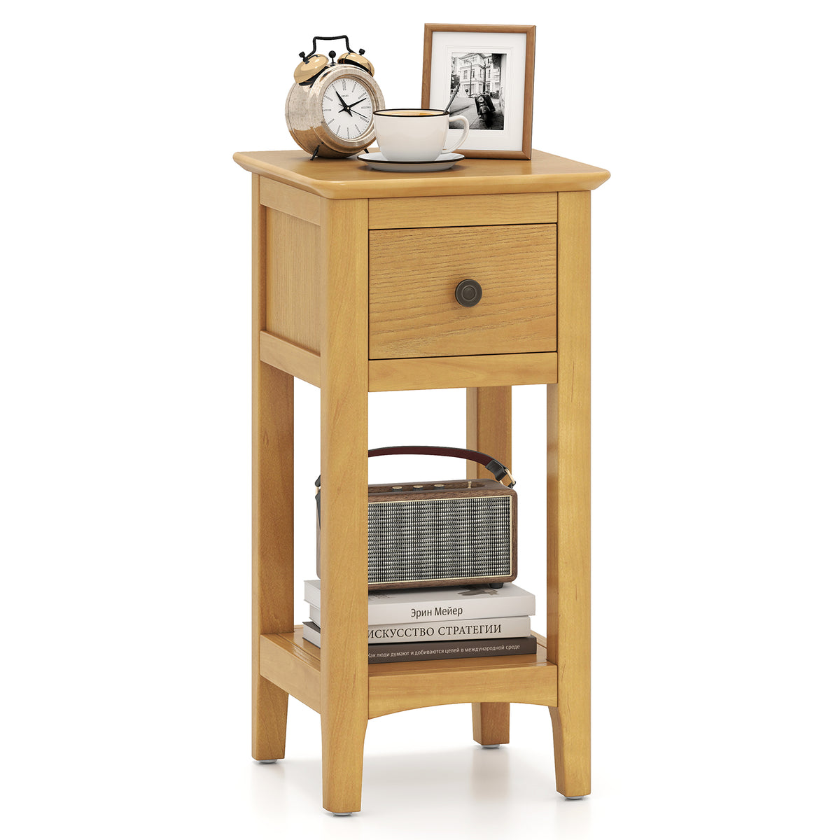 3-Tier Nightstand with Drawer and Open Storage Shelf-Natural-Nightstands-DECOROLALA