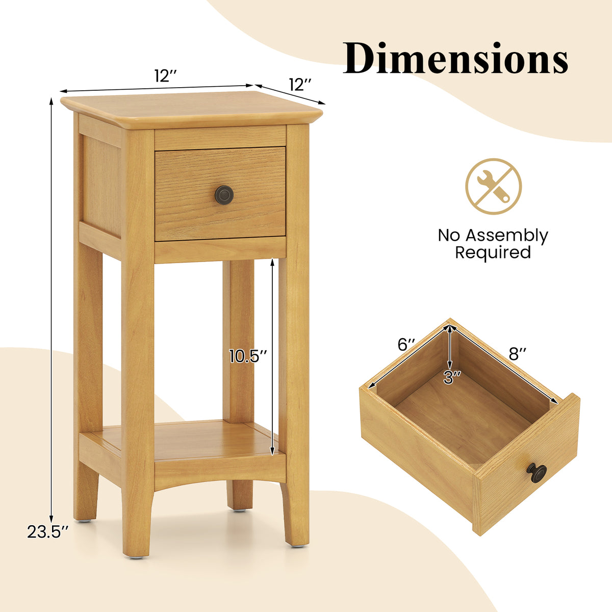 3-Tier Nightstand with Drawer and Open Storage Shelf-Natural-Nightstands-DECOROLALA