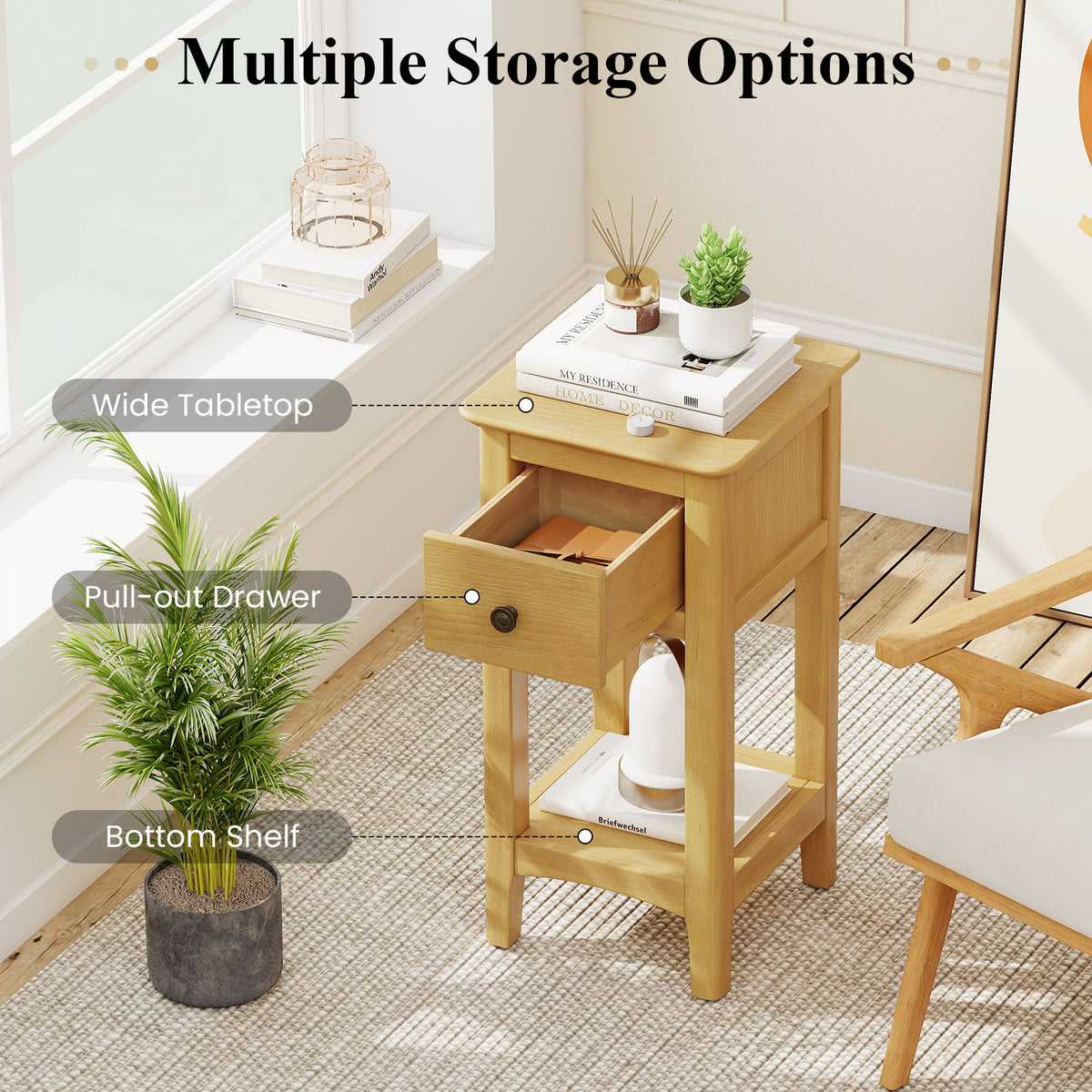 3-Tier Nightstand with Drawer and Open Storage Shelf-Natural-Nightstands-DECOROLALA